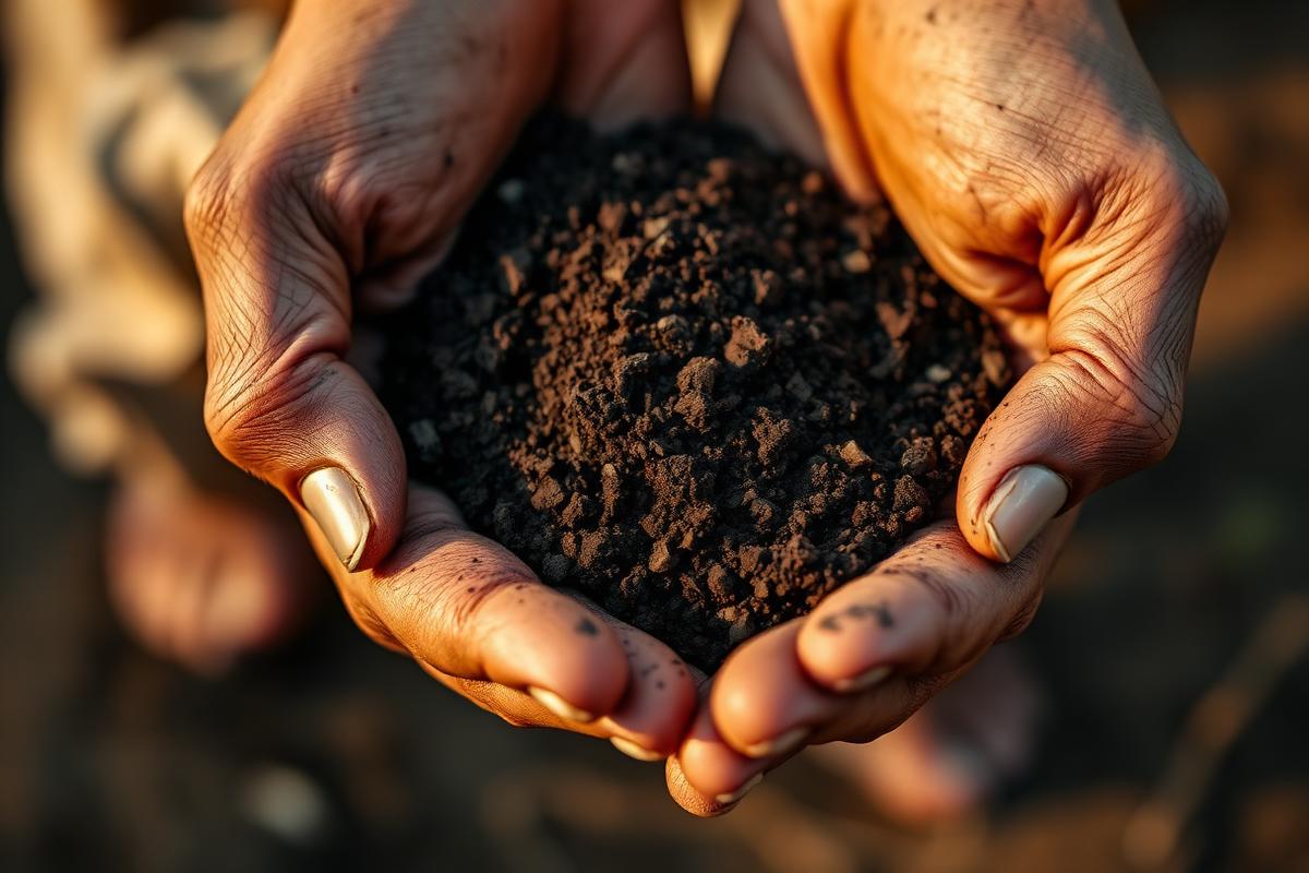 Indian farmer holding fertile soil